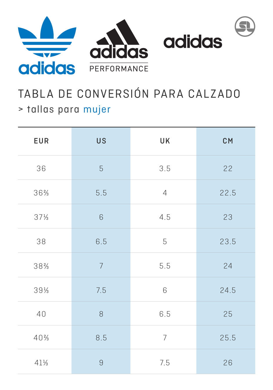 Guia de Tallas Calzado Adidas Mujer