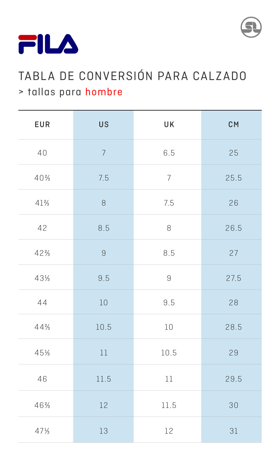 Guia de Tallas Calzado Fila Hombre