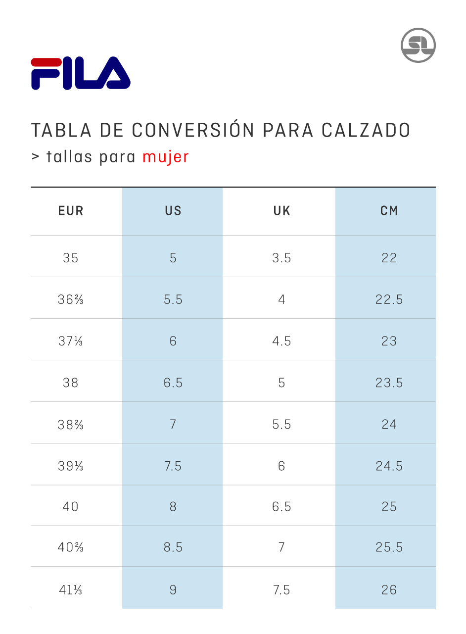 Guia de Tallas Calzado Fila Mujer