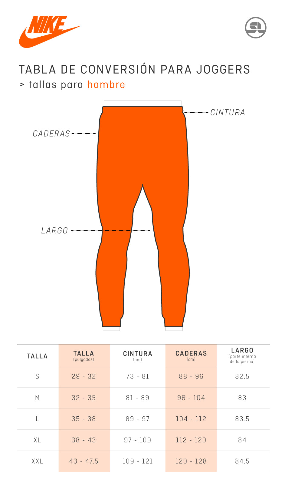 Guia de tallas Pants Nike Hombre
