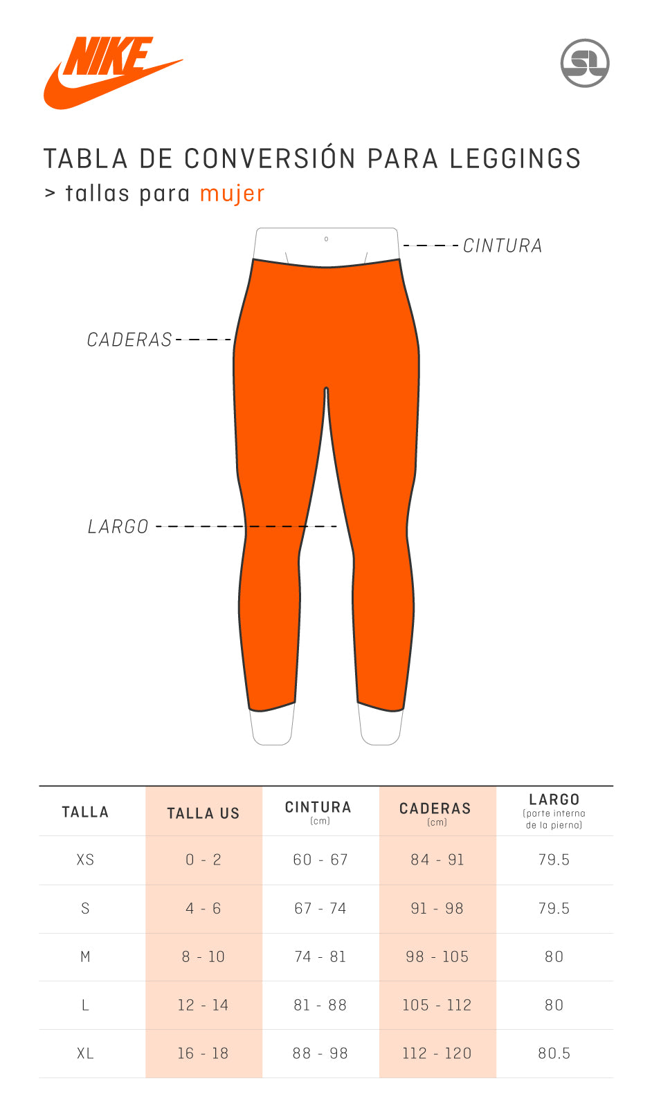 Guia de tallas Leggings Nike Mujer