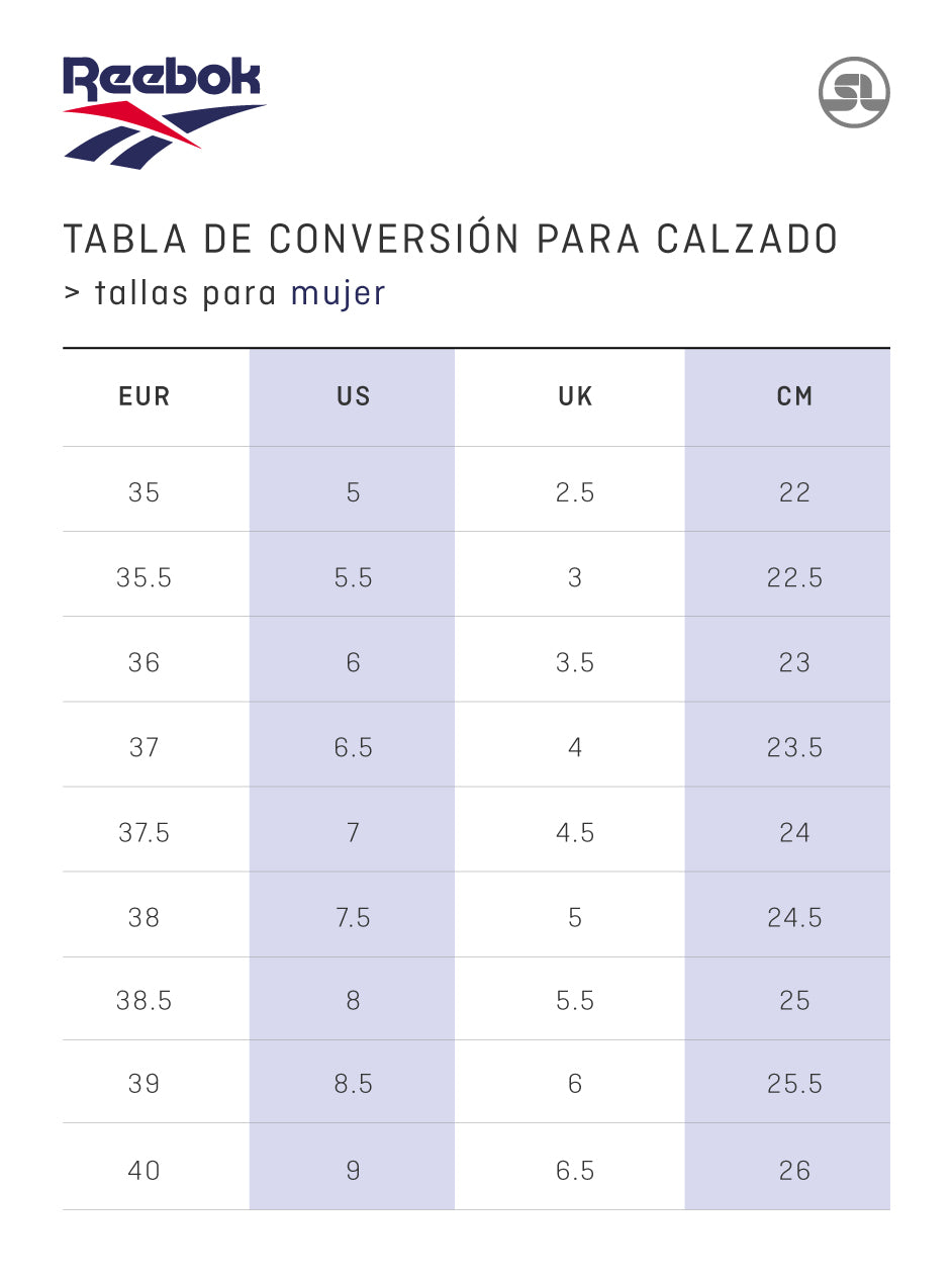 Guia de Tallas Calzado Reebok Mujer