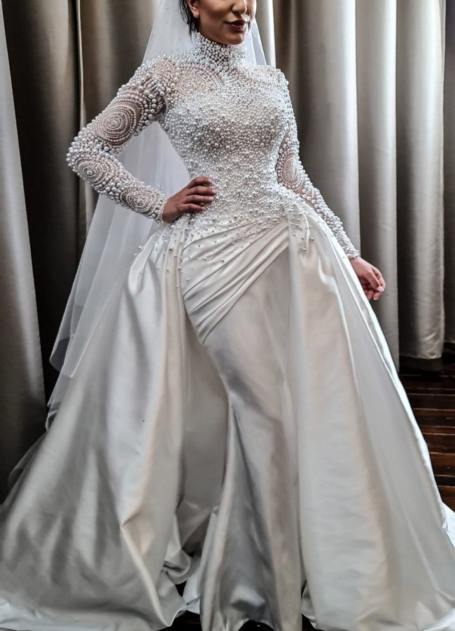C2022-PLS887 Pearl beaded long sleeve modest wedding gown with detacha ...