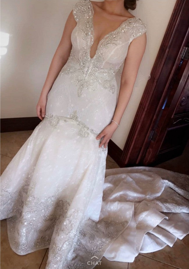 C2023-CS42C cap sleeve v-neck fit-and-flare wedding gown with cathedral train