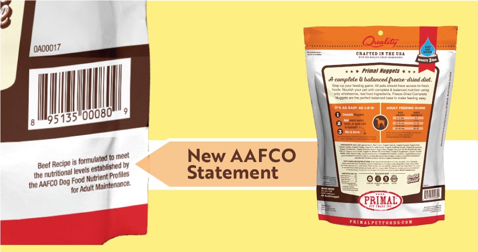 Graphic pointing to the new AAFCO statement provided on Primal packaging describing each product's appropriate lifestage