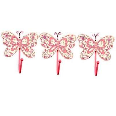 Pink Butterfly Childrens Set Of 3 Girls Coat Hooks