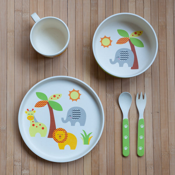 5 Piece SAFARI ANIMALS Kids Bamboo Dinnerware Set by Tinkie Toys ...