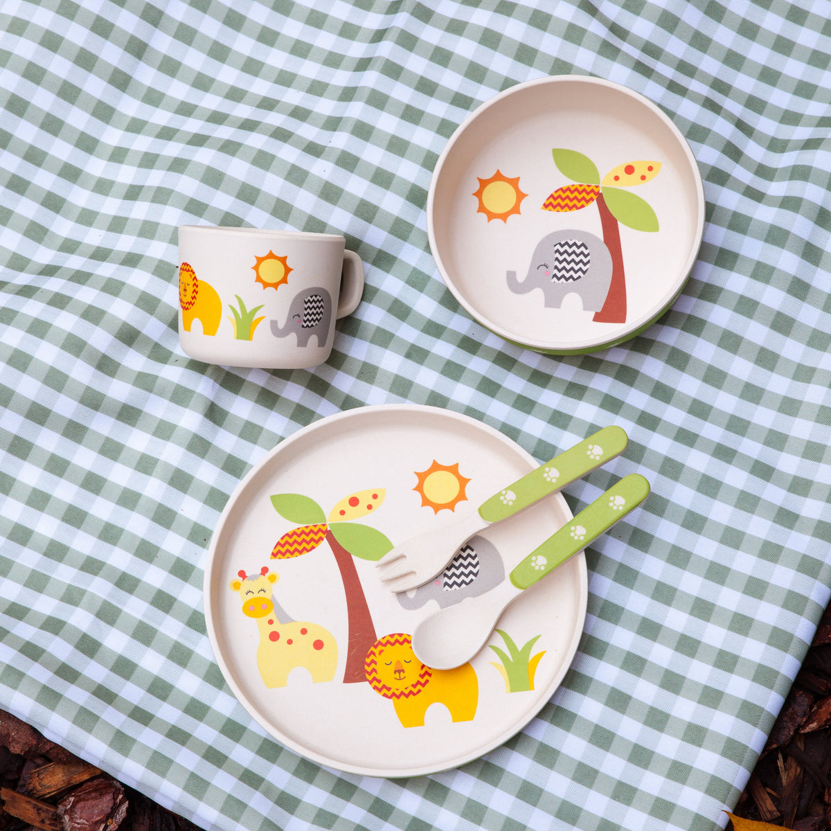 5 Piece SAFARI ANIMALS Kids Bamboo Dinnerware Set by Tinkie Toys ...