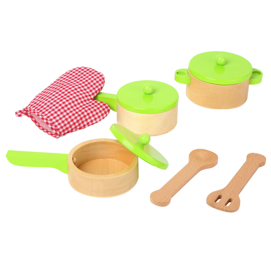 wooden pots and pans for childrens kitchen