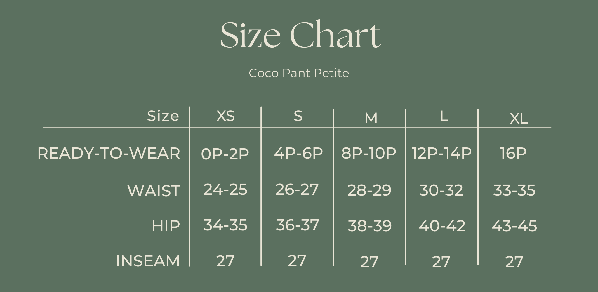 Coco Pant Petite Size Chart 11/8/2022