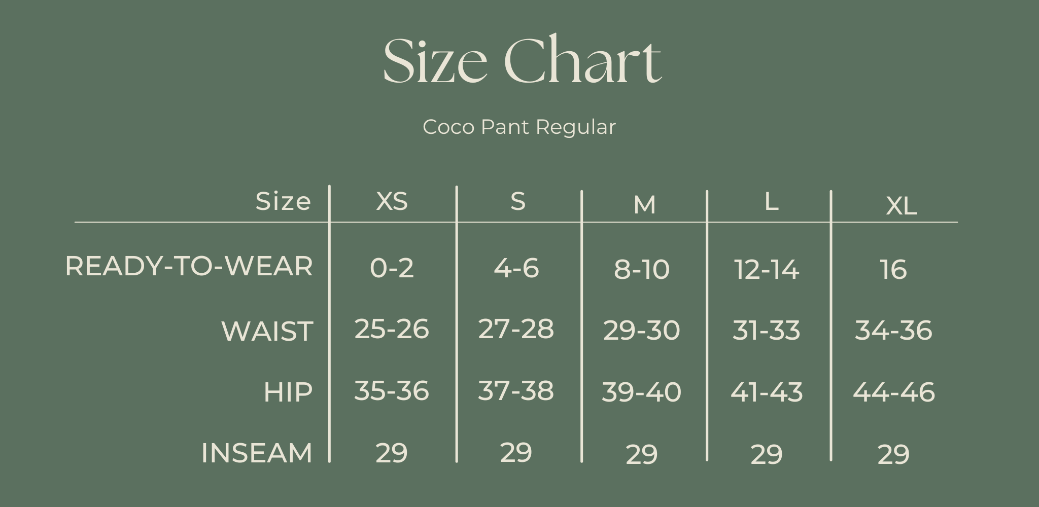 Coco Pant Regular Size Chart 11/8/2022