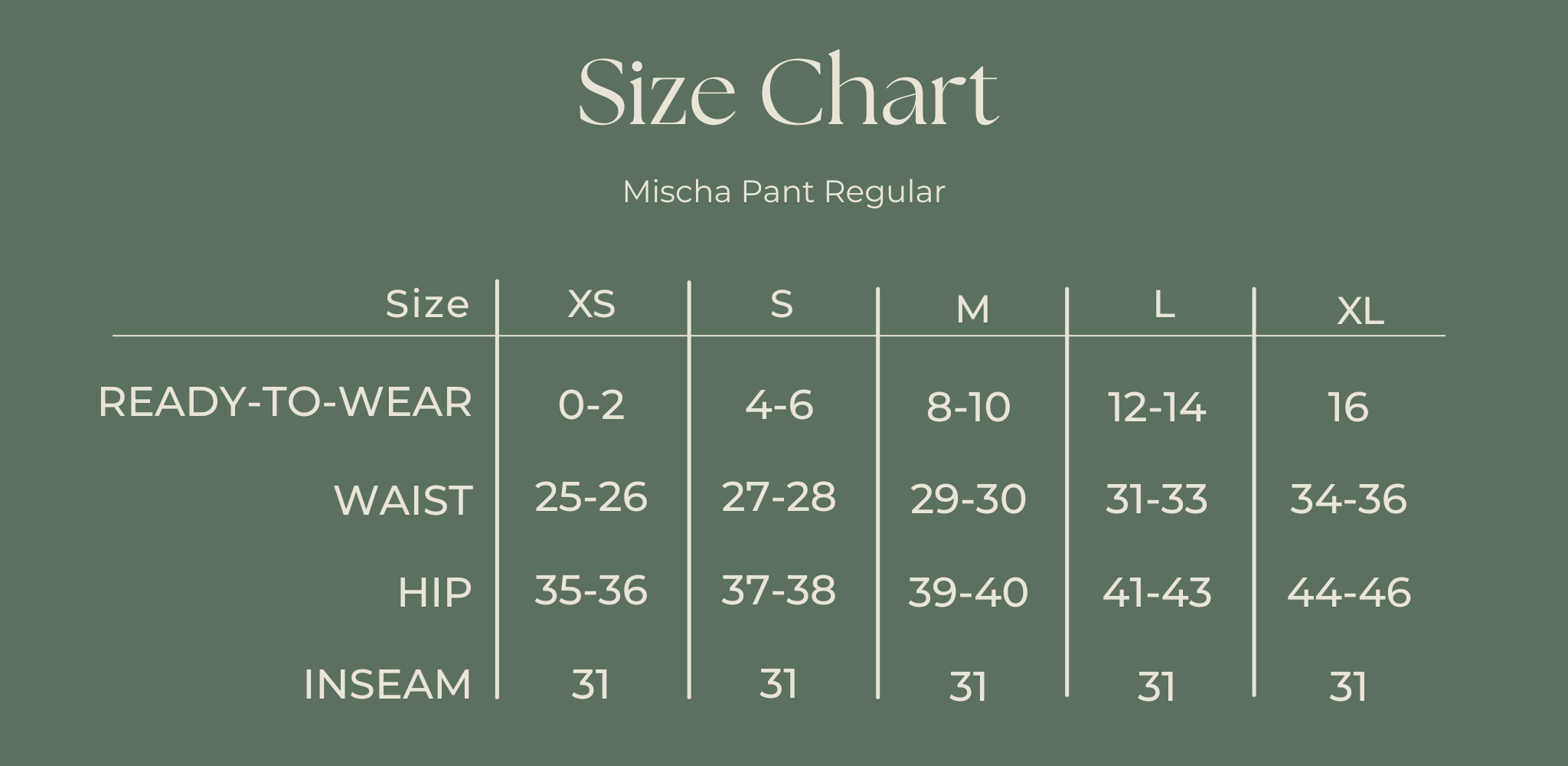 Mischa Pant Regular Size Chart 11/8/2022