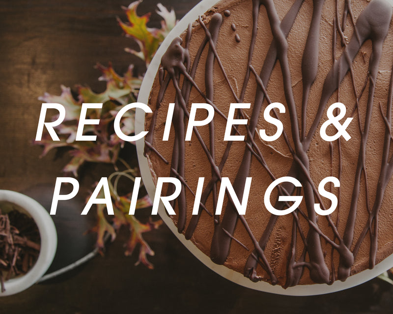 Recipes and pairings button with chocolate drizzled cake