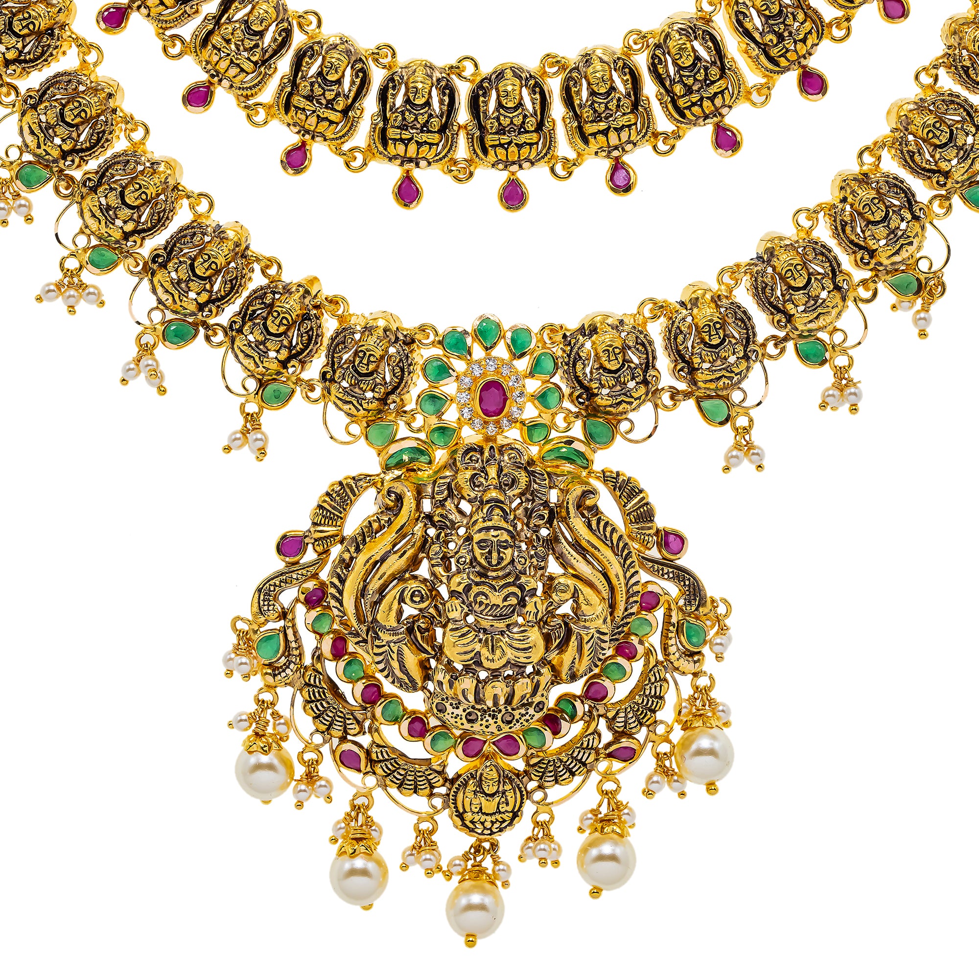 22K Antique Gold Lakshmi Temple Necklace w/ Emeralds, Ruby. Pearls & CZ (62.2gm)