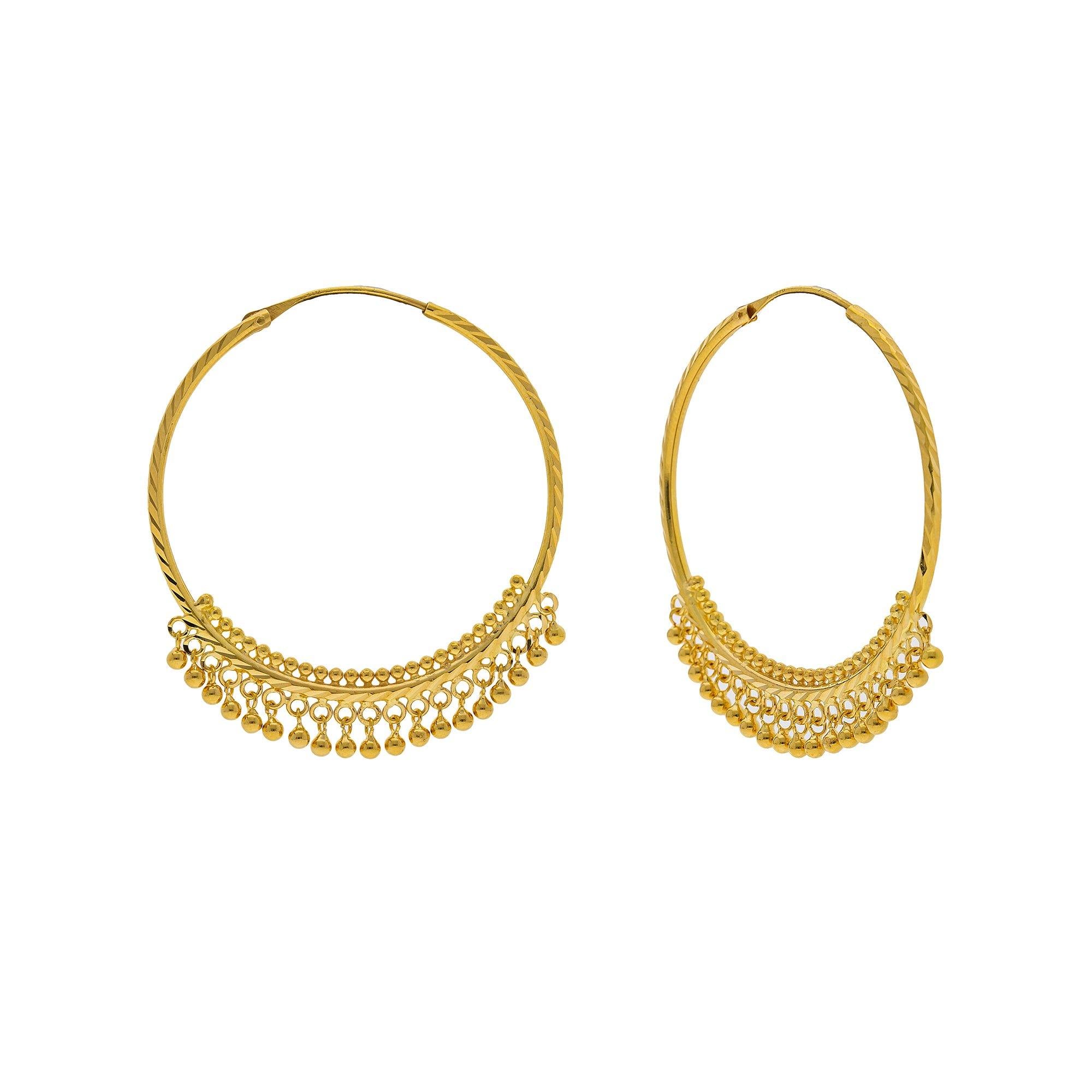 22K Yellow Gold Hoop Earrings W/ Hanging Gold Balls Underlining