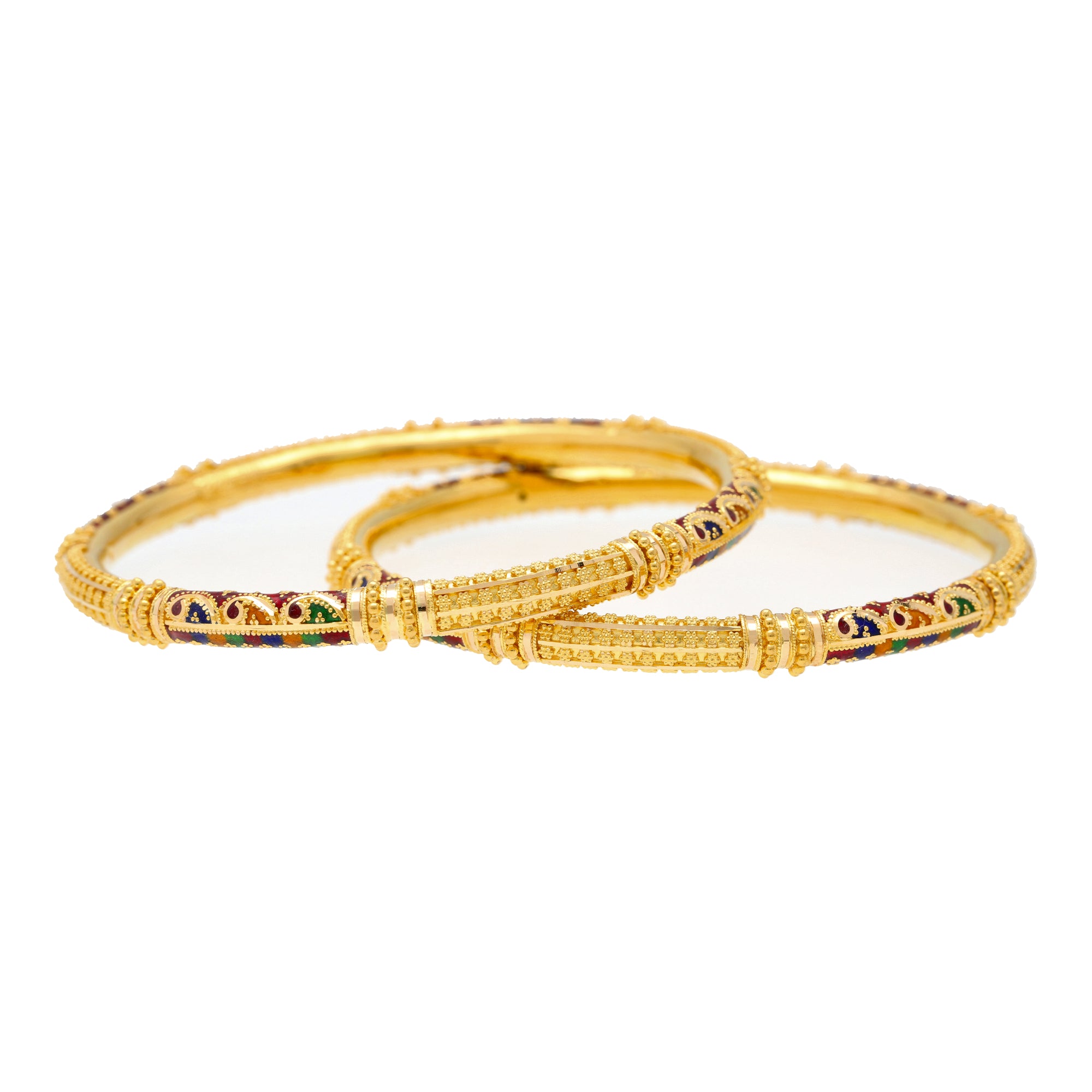 22k Yellow Gold Meenakari Pipe Bangle Set (91.4 grams)