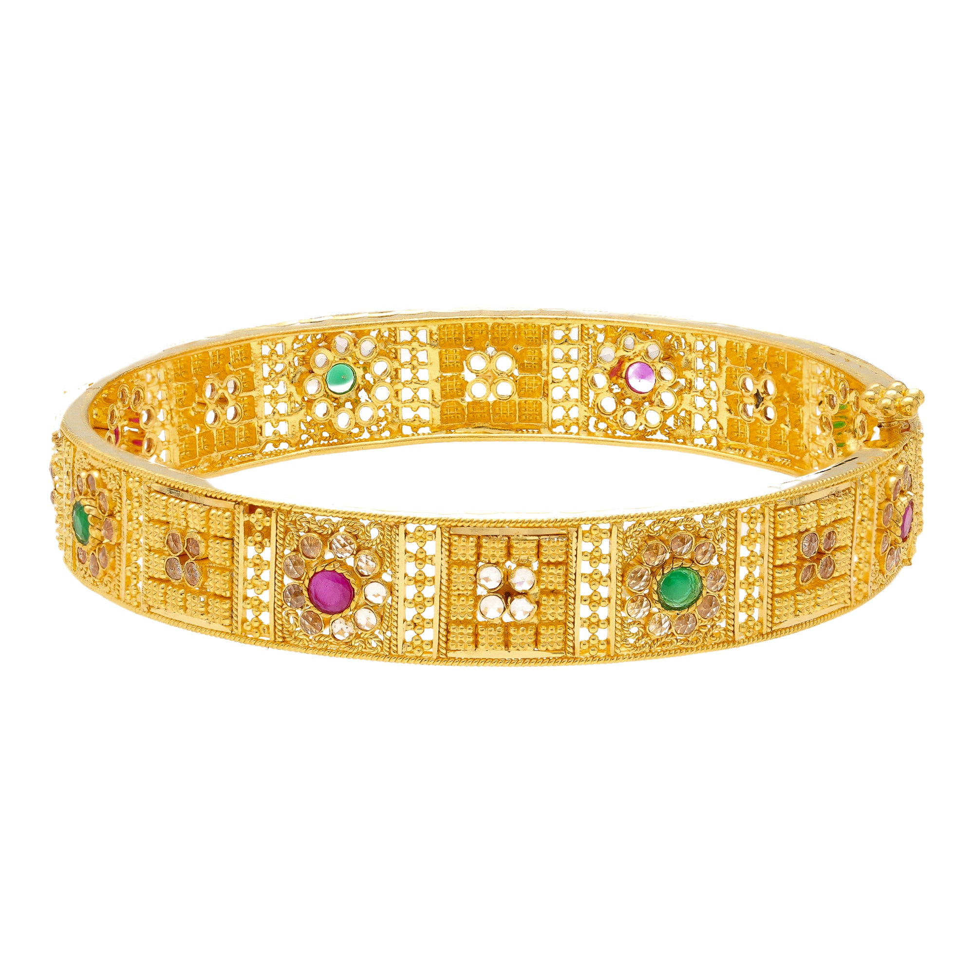 22K Yellow Gold Artisan Bangles w/ Gems & CZ Stones (48 grams)