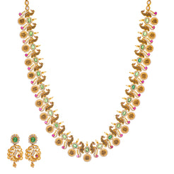 22K Yellow Gold & Enamel Peacock Long Necklace Set (104.4gm