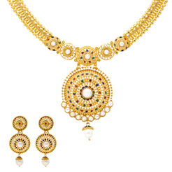 22K Yellow Gold & Enamel Peacock Long Necklace Set (104.4gm