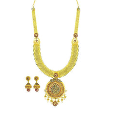 22K Yellow Gold Vaddanam Waist Belt w/ Ruby, Emerald, CZ Gems & Faceted Lotus Flower Peacock Pendants