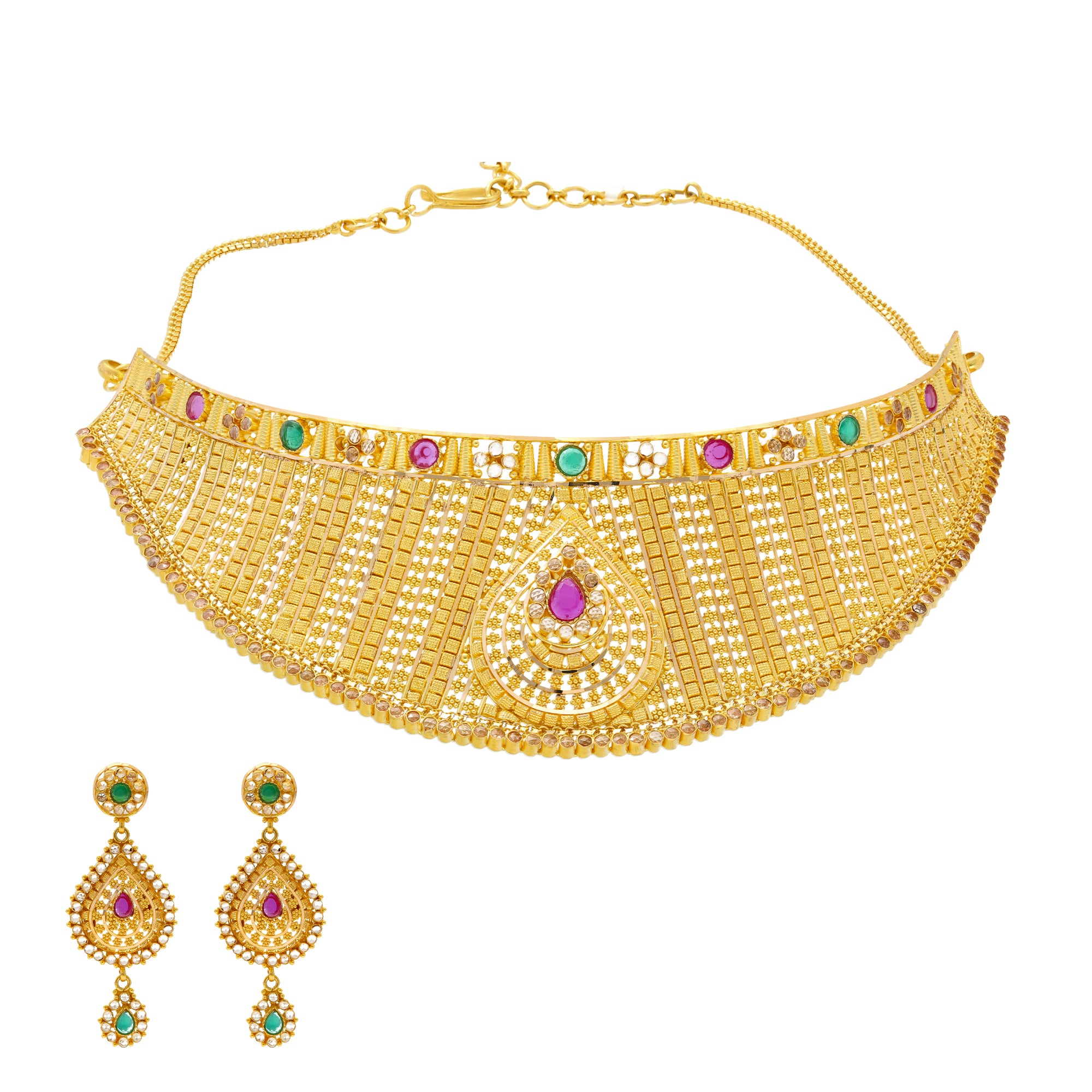 22K Yellow Gold Choker Necklace Set w/ Emeralds & Rubies – Jewelers