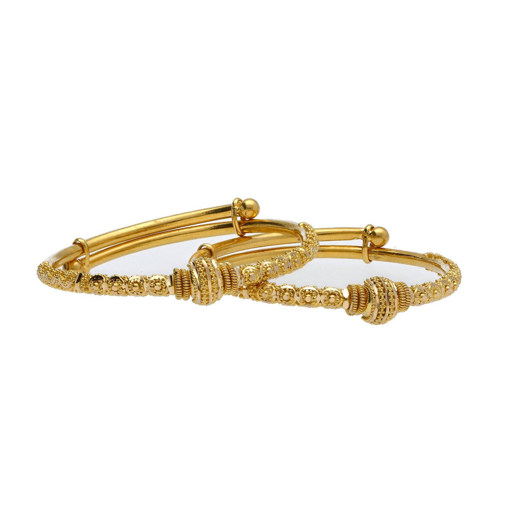 22K Yellow Gold Adjustable Baby Bangles Set of 2 W/ Detailed Gold Beads & Pronounced Filigree - Virani Jewelers | 


Add texture and depth to your little one’s special ensemble with the heavy details of this set...