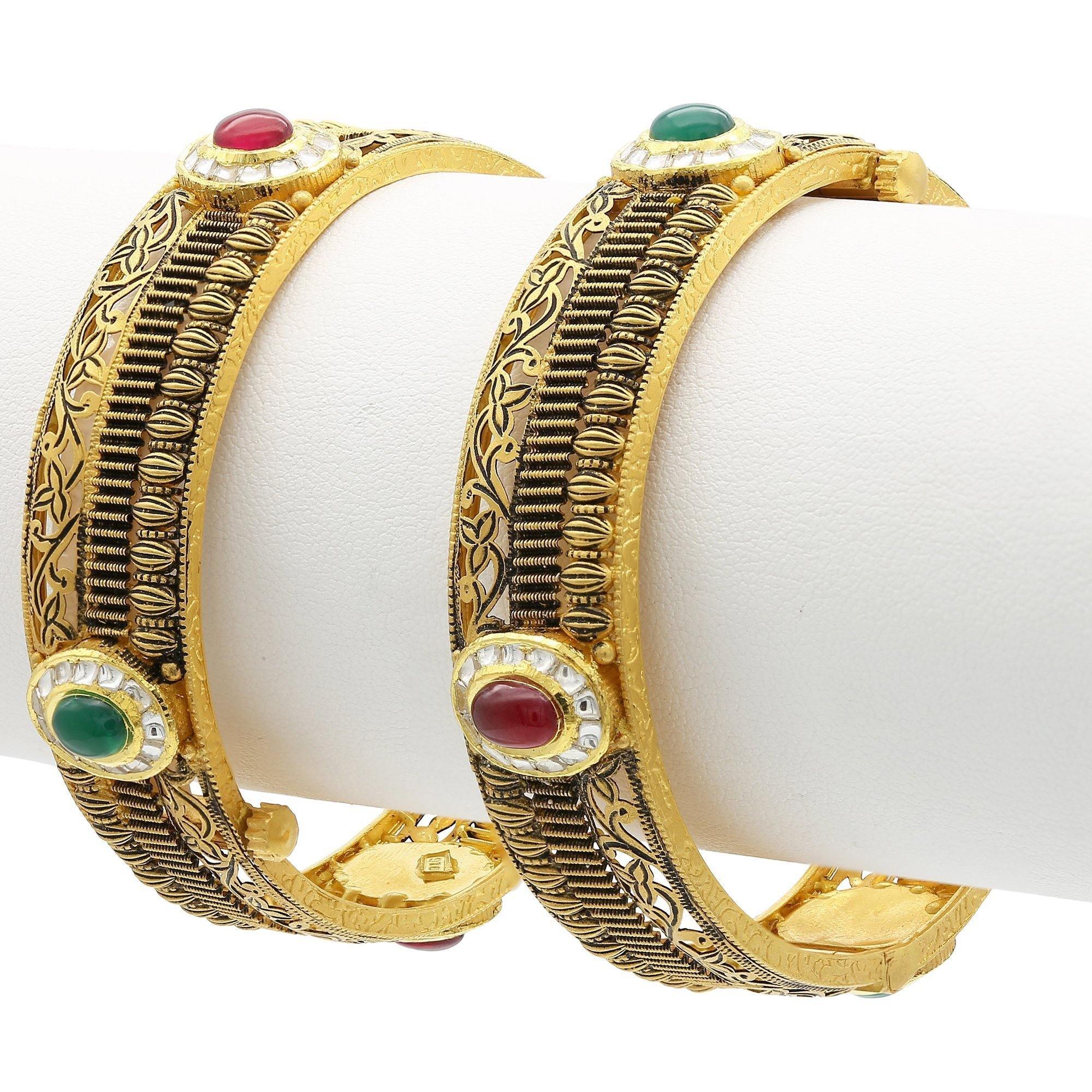 22K Antique Gold Kada Bangles, W/Ruby & Emerald, Set of 2 â Virani Jewelers