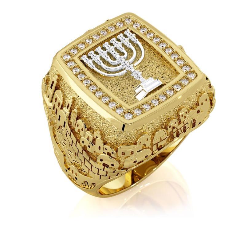 14k Gold 3d Jerusalem Daimonds Ring Men Ring Onyx Stone Jewish Ring