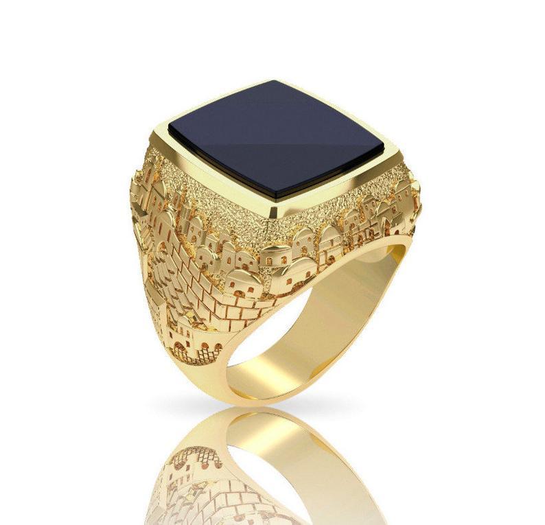 14k Gold 3d Jerusalem Ring Men Ring Onyx Stone Jewish Ring Jewish Ri