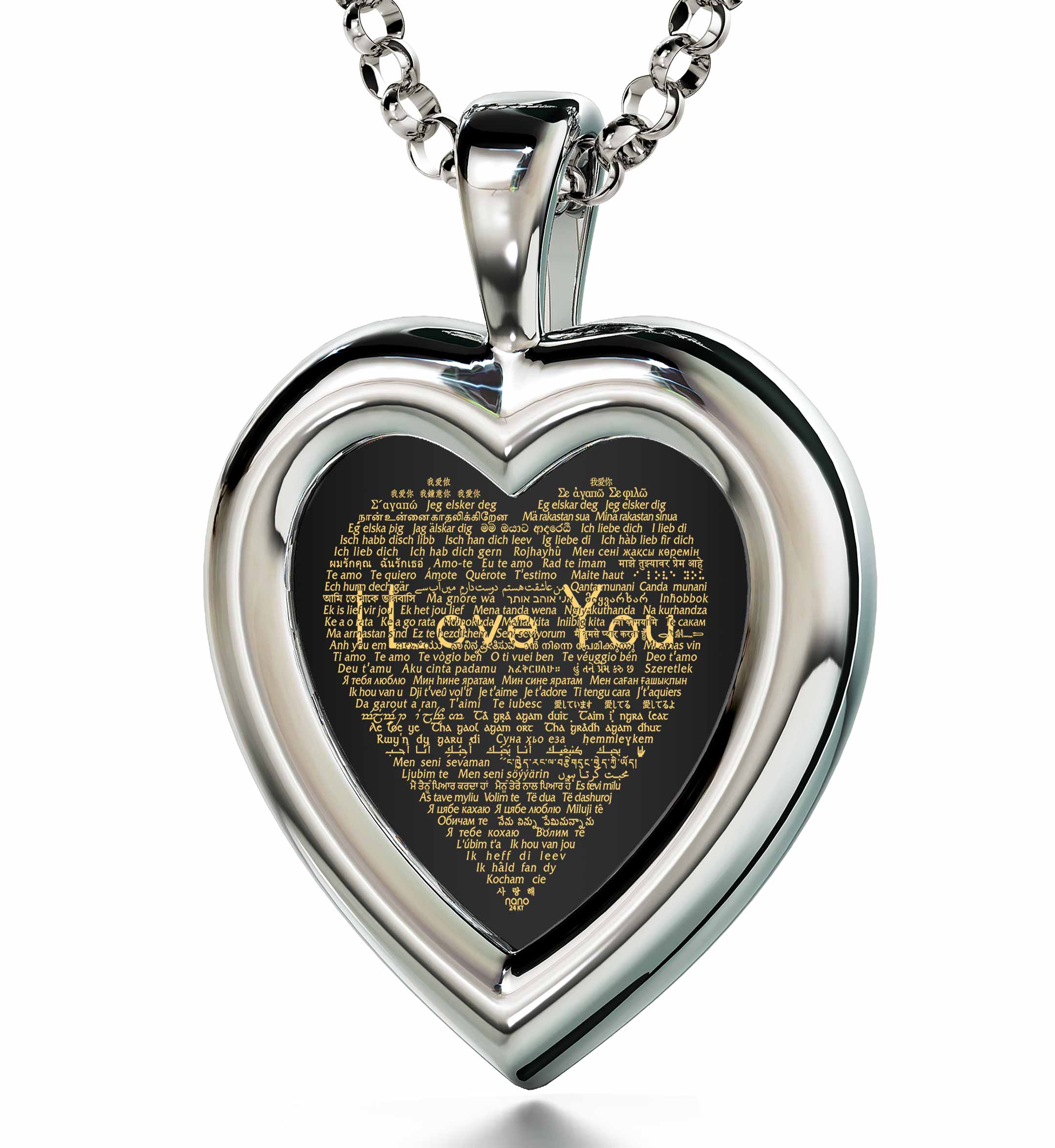 "I Love You" in 120 Languages, 14k White Gold Necklace, Zirconia