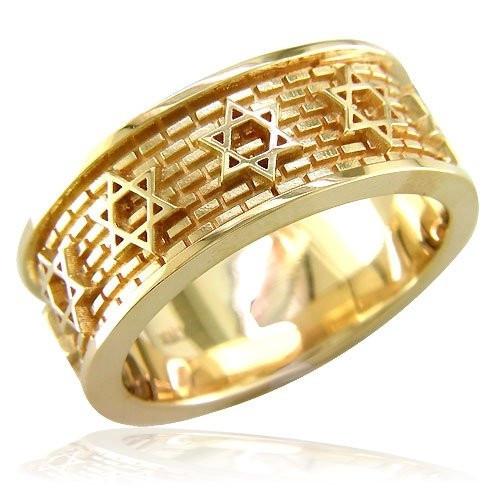 Jewish Star Of David And Brick Wall Ring In 14K Gold