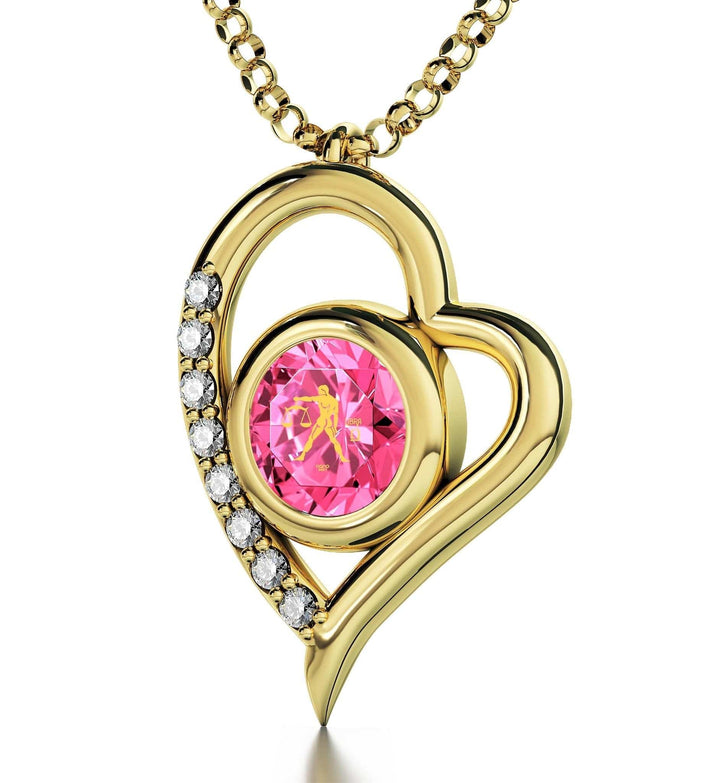 Libra Sign, 14k Gold Diamonds Necklace, Swarovski Necklace Pink Rose 