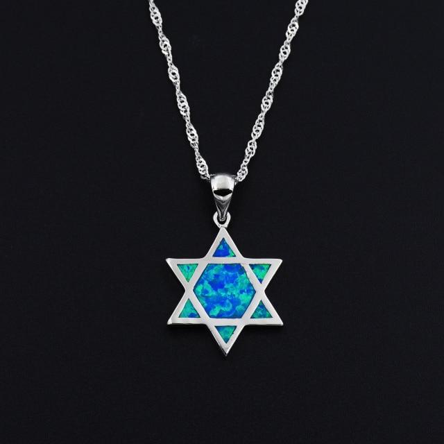 Star Of David Blue Fire Opal Pendant Necklace