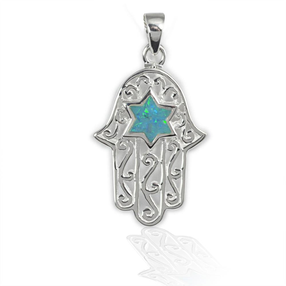 Sterling Silver Opal Jewish Star Hamsa Pendant – ahuva.com