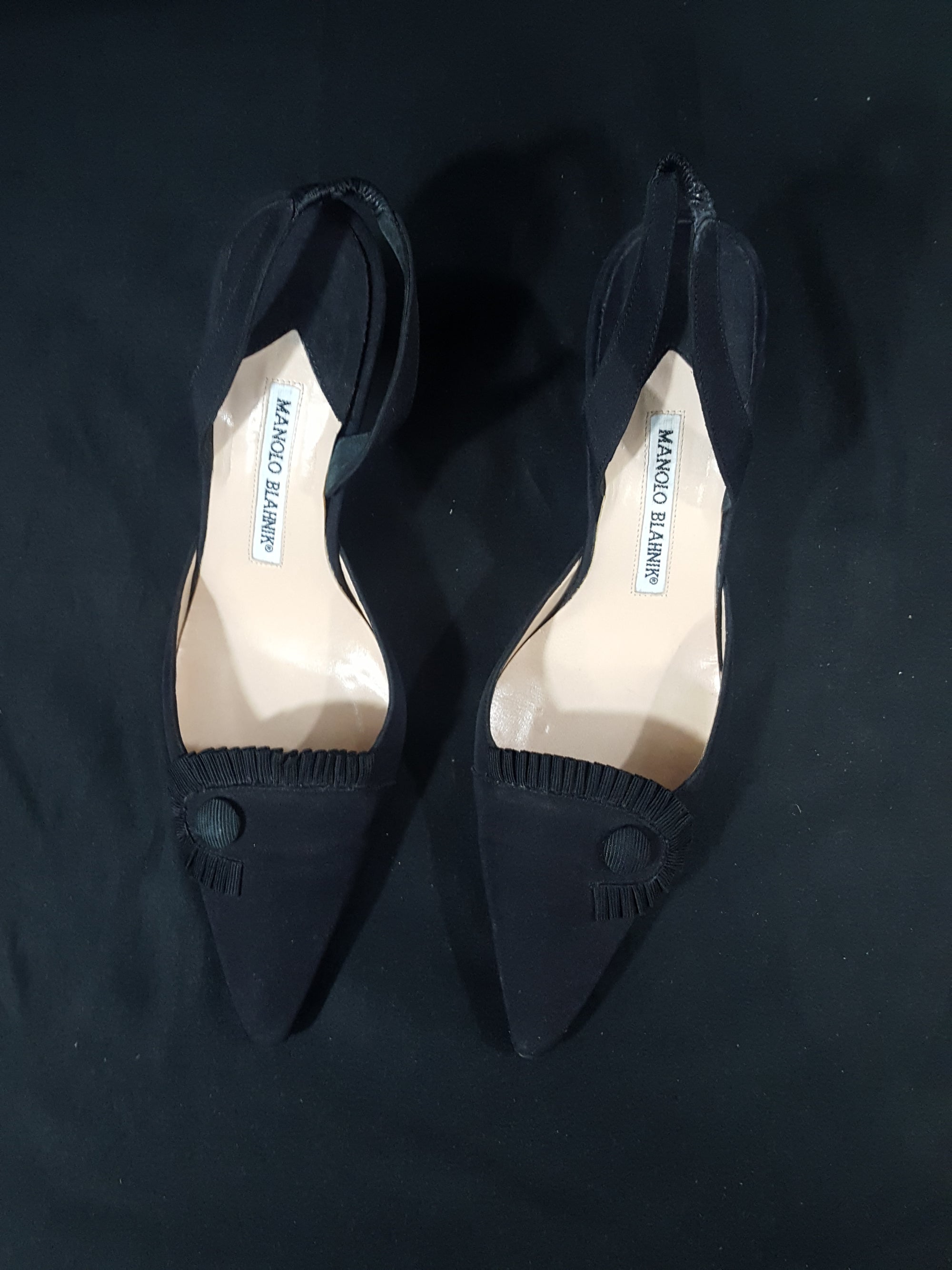 Manolo Blahnik Ruffle Pointy Toe Slingback Pumps sz.38– Lucille Golden ...