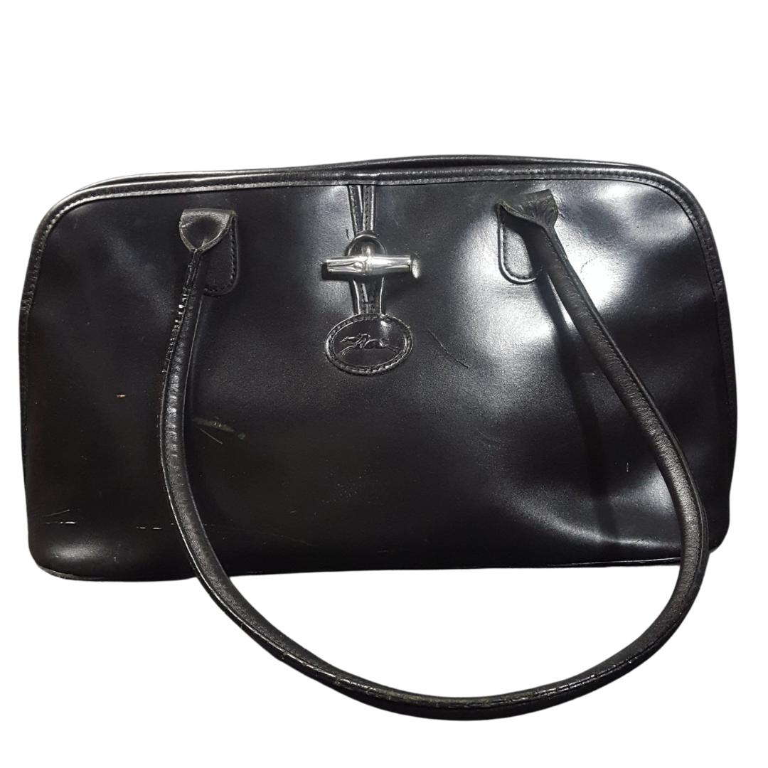 Vintage Longchamp Roseau Leather Shoulder Bag Black Made in 