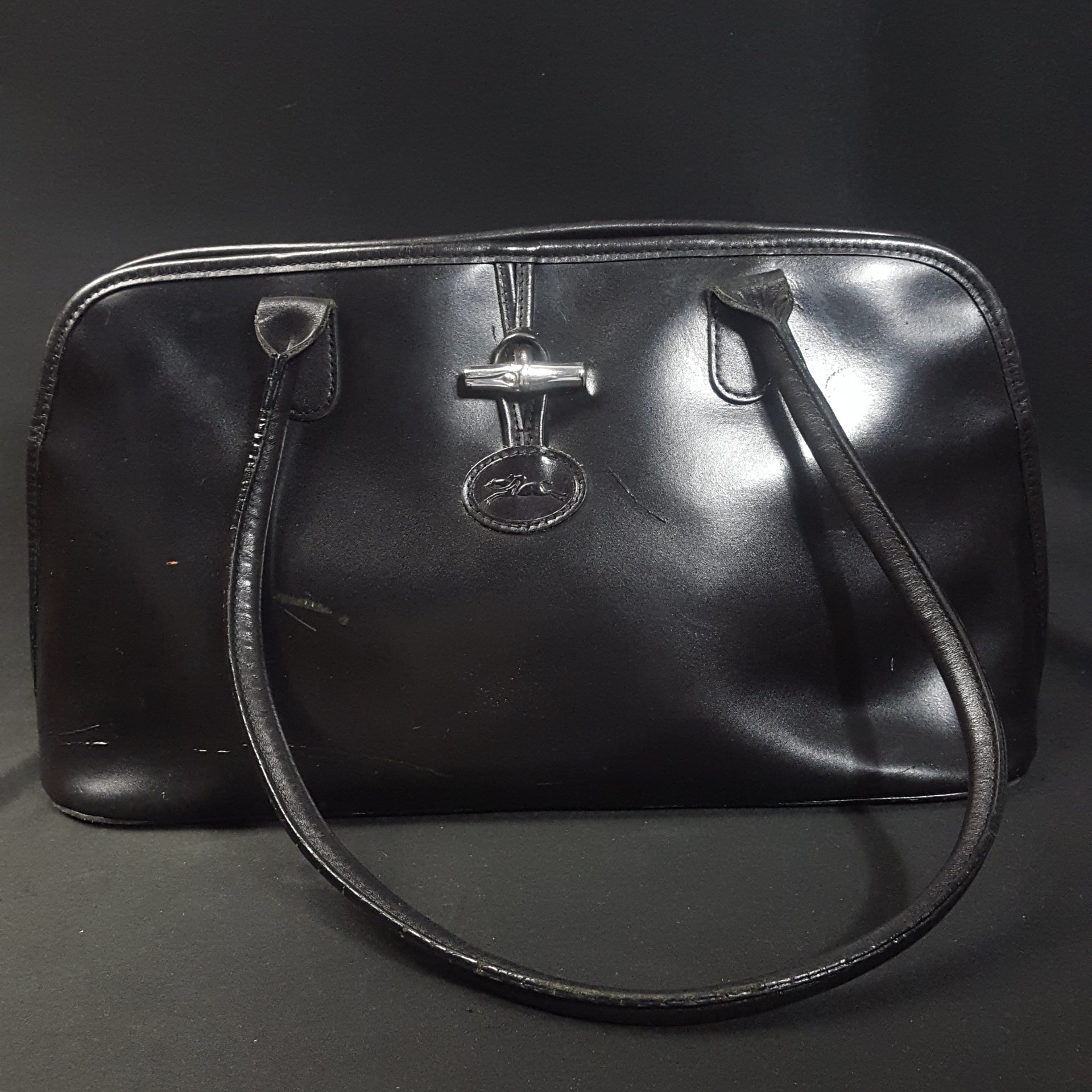 Vintage Longchamp Roseau Leather Shoulder Bag Black Made in 