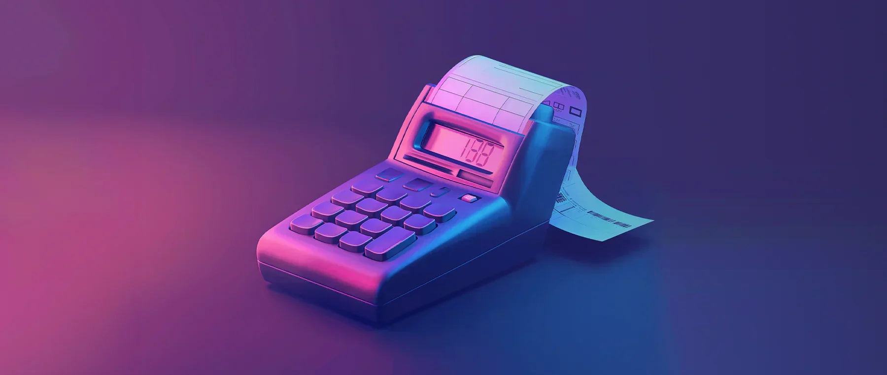 Das Bild zeigt einen Taschenrechner mit Druckfunktion, der eine Quittung ausdruckt, in einer stilisierten, futuristischen Beleuchtung mit violetten und blauen Farbtönen.