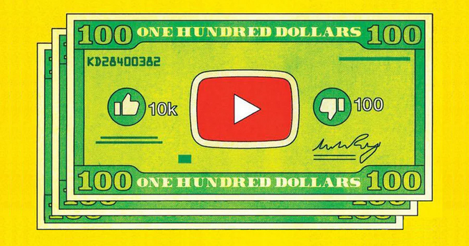 Gezeigt ist ein 100-Dollar-Schein mit dem YouTube-Logo in der Mitte.