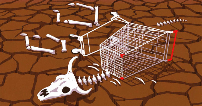 Illustration eines Skeletts in einer Wüste in Form eines verlassenen Warenkorbs