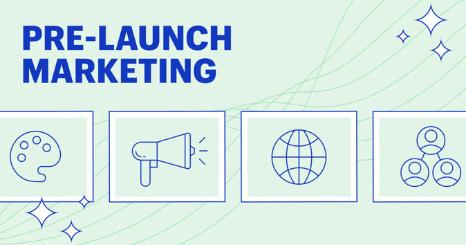 Illustration, die eine Farbpalette, ein Megaphon, die Welt und eine Gruppe von Menschen zeigt, darüber steht Pre-Launch-Marketing.