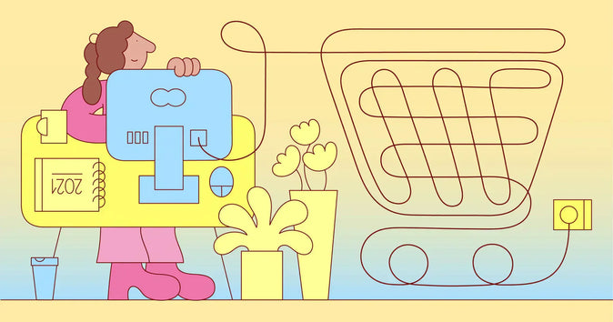Illustration einer Person an einem Schreibtisch mit Computer, verbunden mit einem Einkaufswagen-Symbol.