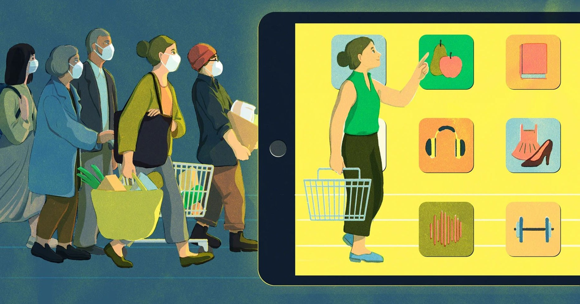 Illustration von Menschen mit Masken, die in einer Schlange zum Einkaufen stehen, während eine Frau digital auf einem Tablet einkauft.
