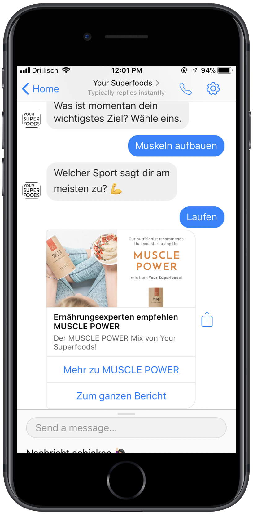 Auf einem Handy wird über den Facebook Messenger die bestehende Kundschaft der Facebook Zielgruppe eines Shopify-Shops kontaktiert, um das Interesse an einem Produkt abzufragen