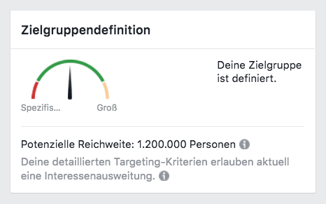 Eine Darstellung der Zielgruppengroße in Form eines Tachos beim Facebook Targeting