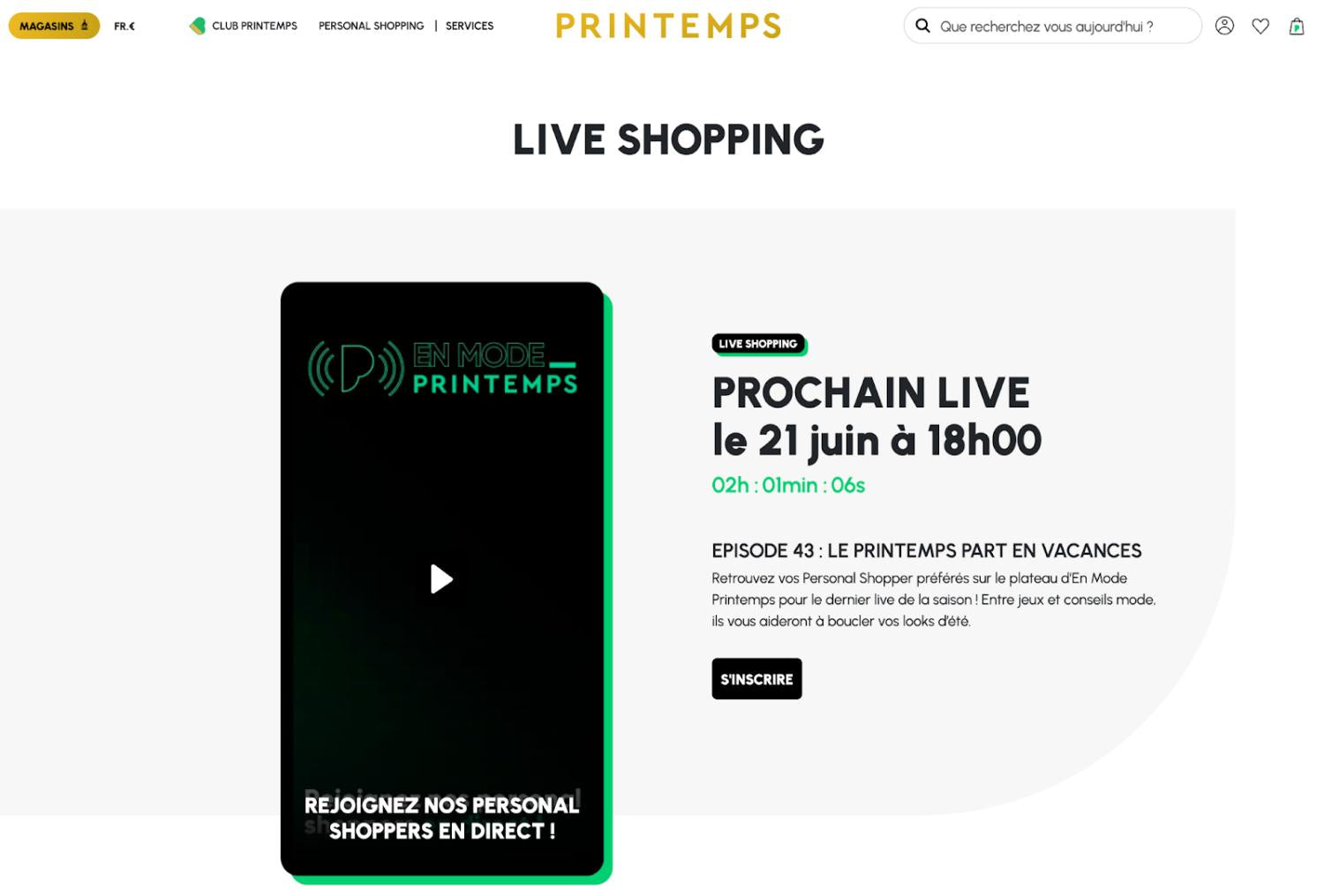 Screenshot der speziellen Live Shopping-Seite von Printemps