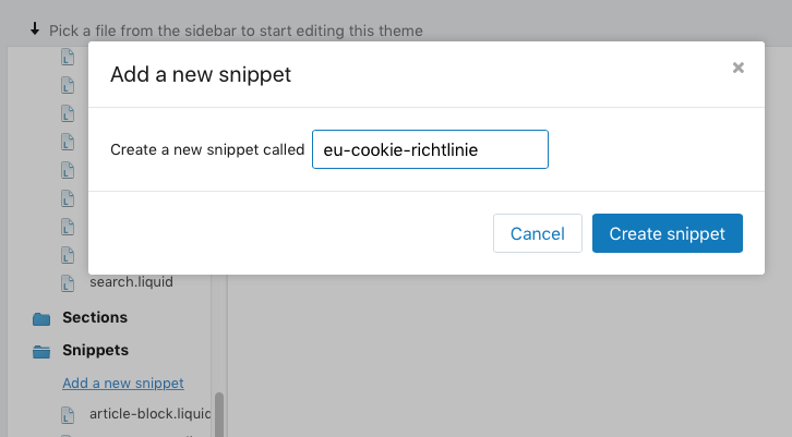 Screenshot des Shopify Backends, um ein Snippet für deinen Cookie Hinweis zu erstellen