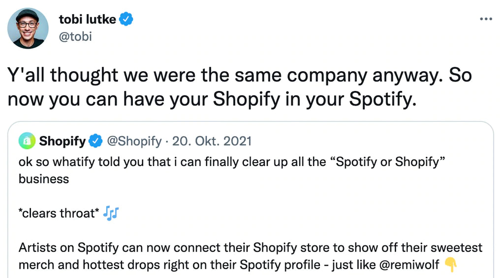 Tweet Tobi Lütke über Shopify und Spotify