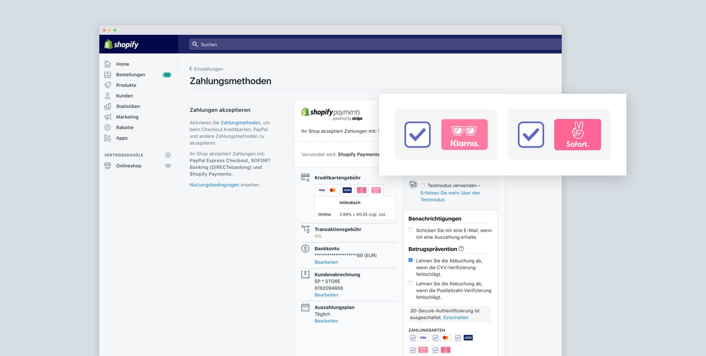 Shopify Payments Screenshot in Deutsch mit Klarna als Zahlungsmethode