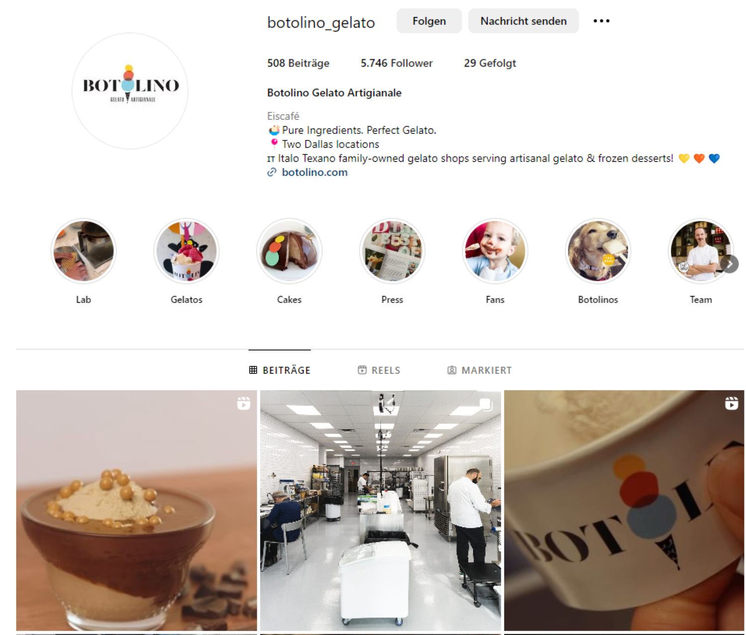 Das Instagram Profil des Eisherstellers Botolino.